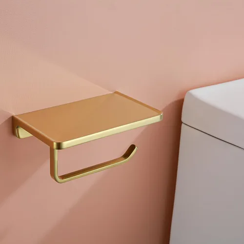 Miniatura 7 de RANDOM Portarrollos de papel higiénico dorado cepillado con estante Soporte de rollo de papel higiénico de metal sólido Gold.RD93008BG Oro cepillado