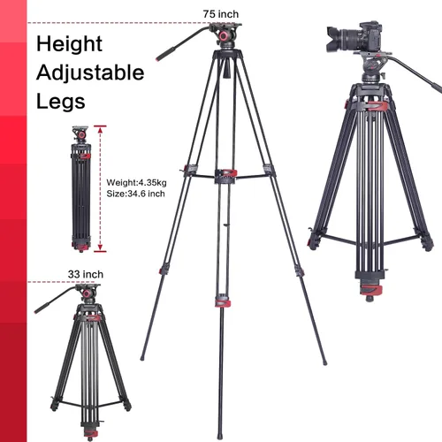 Miniatura 6 de miliboo Trípode para cámara de video, trípode resistente con cabezal fluido, altura máxima de trabajo 76.4 pulgadas, trípode de fotografía de gran