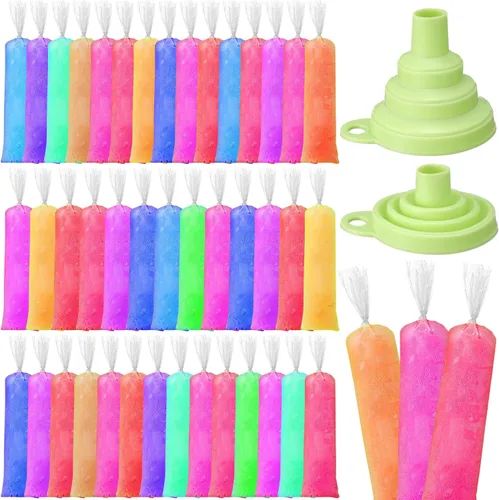 Miniatura 12 de Hoolerry 600 bolsas desechables para paletas de hielo, bolsas de plástico para helado con embudo plegable de silicona para hacer helados de yogur