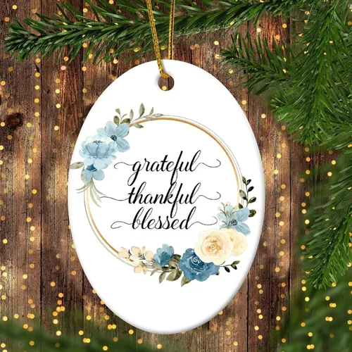 Miniatura 4 de Adornos de Navidad con cita de corona de flores, adorno ovalado de porcelana de Grateful Thankful Blesed, decoración de árbol de Navidad, regalos