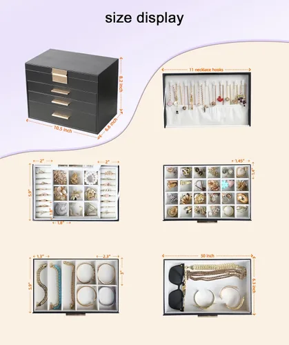 Miniatura 5 de Caja de joyería BOOVO para mujeres, organizador de joyas de 5 capas con colgador para collares y cajones, caja grande de joyería para aretes