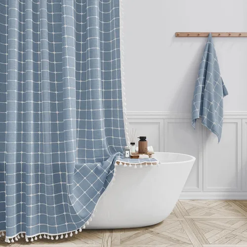 Miniatura 22 de BTTN Juego de cortinas de ducha estilo bohemio de granja con borlas, tela rústica de lino resistente, repelente al agua, cortinas de ducha gruesas A