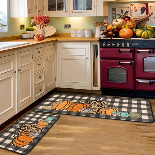 Miniatura 5 de Juego de 2 alfombras y tapetes de cocina de otoño, alfombras de cocina de Acción de Gracias, con respaldo antideslizante, decoraciones de otoño