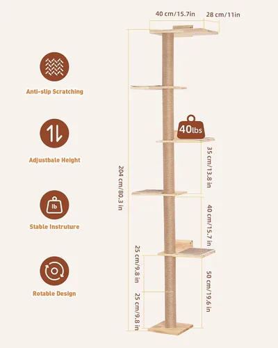 Miniatura 6 de Árbol para gatos de 80.3 pulgadas de alto para pared, árbol de gato de 5 niveles de piso a techo, árbol para gatos ajustable montado en la pared