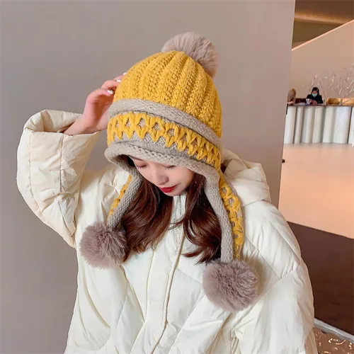 Miniatura 4 de HUAMULAN Gorro de invierno para mujer, con orejeras, con solapas, sherpa, esquí, nieve, forro polar, 3 pompones