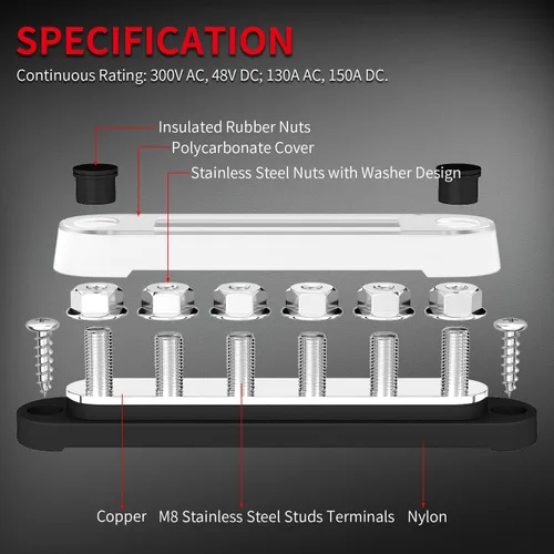 Miniatura 5 de DAIERTEK Barra colectora de 12 V, 6 x 5/16" (M8) terminales de perno, bloque de distribución de energía de 12 voltios con tapa, barra colectora