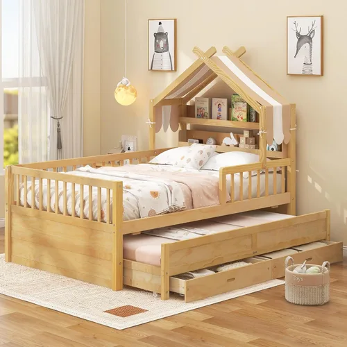 Miniatura 20 de VilroCaz Moderna cabecera de almacenamiento de cama de tamaño individual y barandilla de seguridad para niños, base de cama de plataforma de madera