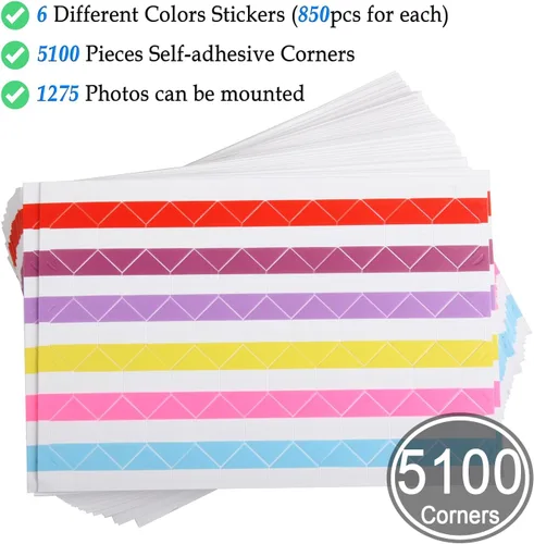 Miniatura 2 de 50 hojas de esquinas autoadhesivas para fotos, capacidad para 1275 fotos, 6 colores, 5100 unidades, calcomanías de esquina para montaje de fotos