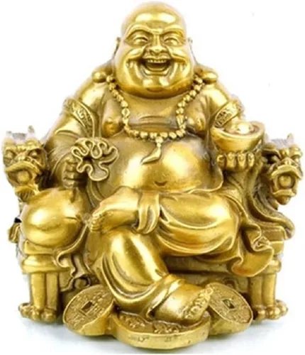 Estatua de Buda Fengshui para la suerte y la felicidad, Dios de la riqueza, Buda riendo en la silla del dragón del emperador, estatuas budistas y
