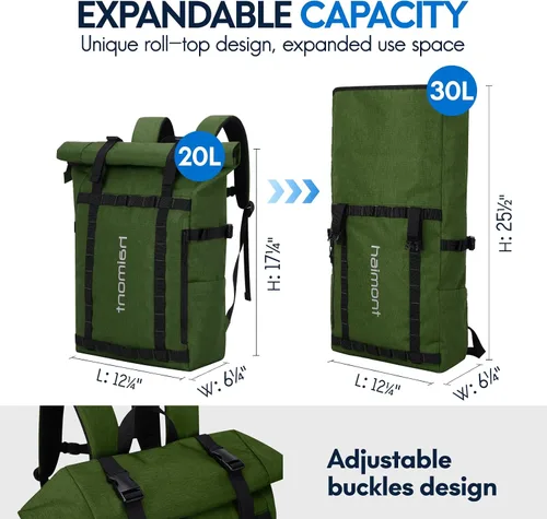 Miniatura 5 de Mochila con parte superior enrollable Haimont para hombres, mochila casual para portátil con 9 bolsillos para viajes, trabajo, caminatas, Verde