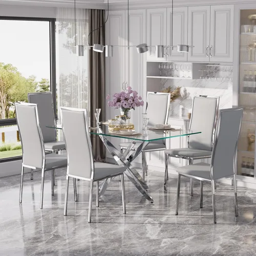 Miniatura 17 de Juego de 4 sillas de comedor modernas, de piel sintética blanca con patas de metal cromado dorado, diseño de respaldo alto curvo y acolchado