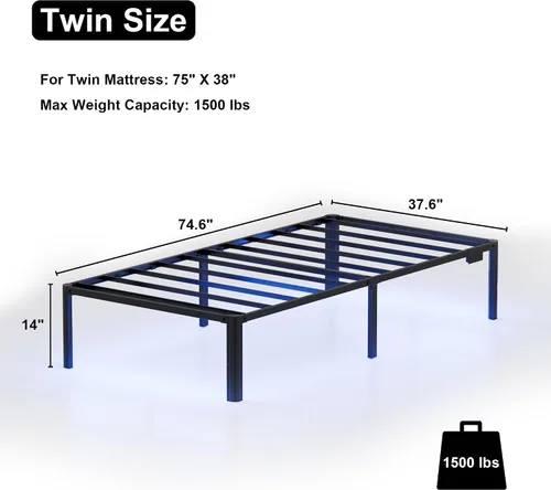 Miniatura 2 de DORITRON Base de cama individual con luces LED, plataforma de metal resistente de 14 pulgadas, tamaño individual con estación de carga, no necesita