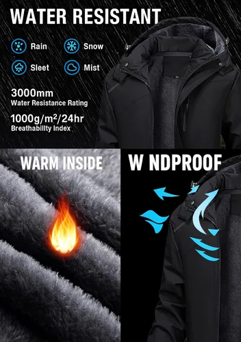 Miniatura 2 de PEGENO Chaqueta de Esquí para Hombre Resistente al Agua Cortavientos Aislada Forro Polar Térmico Chaquetas de Invierno Parka Impermeables Con Capucha