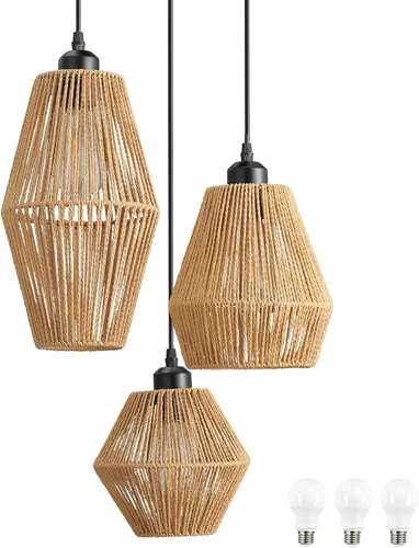 Lámpara colgante de ratán de 3 luces, candelabro bohemio tejido a mano, lámpara colgante de mimbre, lámpara de cocina y comedor sobre mesa, luz