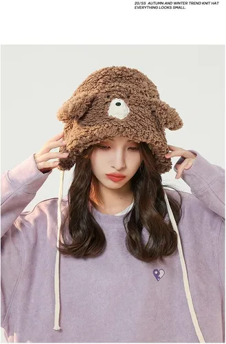 Miniatura 4 de Lindo sombrero de oreja de oso kawaii estético, gorro de invierno suave y cálido para mujer