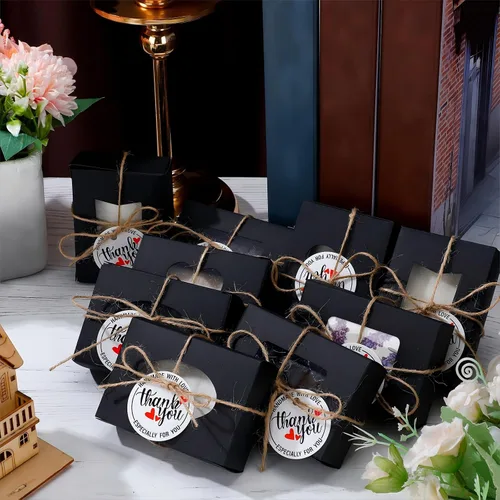 Miniatura 4 de Kosiz Paquete de 100 cajas de jabón Kraft con ventanas transparentes, 4 diseños de ventanas, kit de recuerdos de fiesta con etiquetas y cuerda, Negro