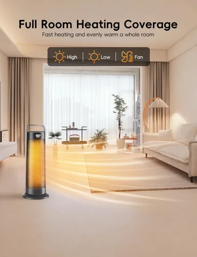 Miniatura 3 de Calentador de espacio para uso en interiores, habitación grande, calentador de oficina portátil de 1500 W, oscilación de 120°, cerámica PTC con Negro