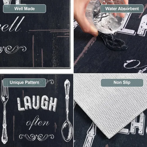 Miniatura 5 de Carvapet Juego de 2 alfombras de cocina con respaldo antideslizante, tapete para cocina, corredor de entrada, diseño de lema, negruzco/gris oscuro