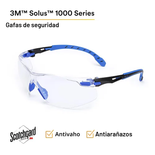 Miniatura 7 de 3M - Gafas de seguridad, serie Solus 1000, ANSI Z87, antivaho Scotchgard, lente transparente, perfil bajo, marco azul/negro