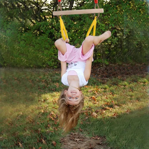 Miniatura 2 de PELLOR - Barra de trapecio de madera para juegos infantiles con anillos de gimnasio de plástico, juego de columpio para diversión en interiores