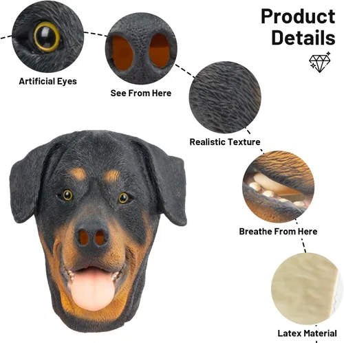 Miniatura 6 de PartyHop Rottweiler Máscara de cabeza de perro de látex animal de cabeza completa, máscaras realistas para Halloween, carnaval, fiesta de disfraces