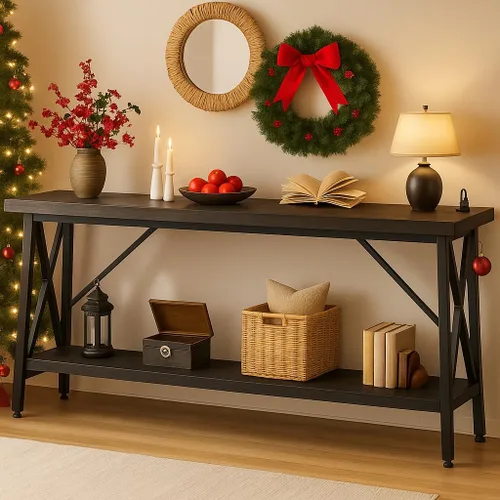 Miniatura 9 de Homieasy Mesa consola extra larga de 70.9 pulgadas, mesa de sofá industrial detrás del sofá con estación de carga y estante de almacenamiento, mesa