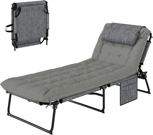 Miniatura 10 de Outsunny Tumbona plegable con respaldo reclinable de 4 niveles, silla de bronceado al aire libre con cojín, silla de salón al aire libre con tela