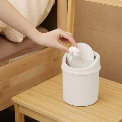 Miniatura 2 de Basurero de basura – Mini cubo de basura de plástico de escritorio con tapa giratoria, elegante cubo de basura para encimera, cesta de papel