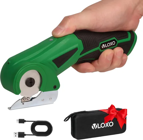 VLOXO Tijeras eléctricas inalámbricas, cortador de cartón recargable de 4 V con bloqueo de seguridad y luz LED, potente cortador de tela,