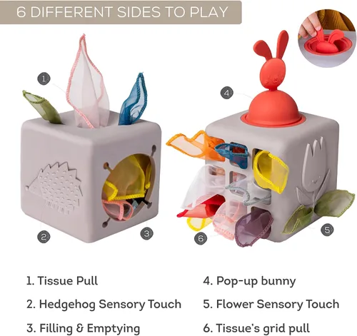 Miniatura 11 de Taf Toys Caja de pañuelos para bebé con conejito emergente - Actividad sensorial Montessori con 10 pañuelos de tela para el desarrollo motor fino