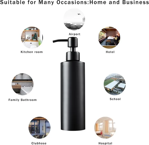 Miniatura 6 de Dispensador de jabón, negro mate con embudo y posavasos antideslizante, acero inoxidable 304, botella desinfectante de manos para baño y cocina