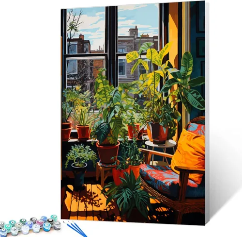 Miniatura 40 de Kits de pintura por números para adultos principiantes, pintura al óleo sobre lienzo de 16 x 20 pulgadas, lámpara de flores y óleo, pigmento 4-Art-06
