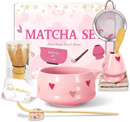 Juego de batidor de matcha rosa con cuenco matcha, 8 piezas lindo juego de matcha, kit completo de fabricación de matcha, soporte para batidor,