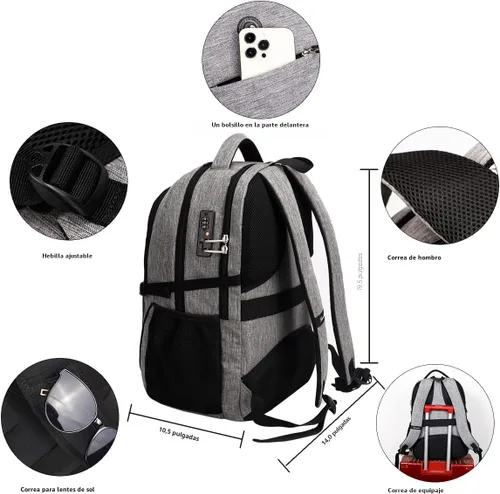 Miniatura 4 de Mochila antirrobo para portátil con carga USB compatible con portátil de 15.6 pulgadas con bloqueo incluido., A-gris