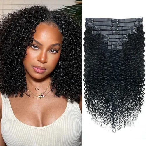 Miniatura 30 de Extensiones de cabello humano rizado con clip, 3C 4A, rizado con clip, cabeza completa, para mujeres negras, cabello humano brasileño Remy