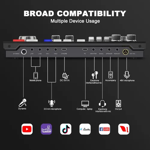 Miniatura 7 de Paquete de equipos de podcast para 2, interfaz de audio, modificador de voz con micrófono de condensador de 3.5mm, BT inalámbrico dual, fuente