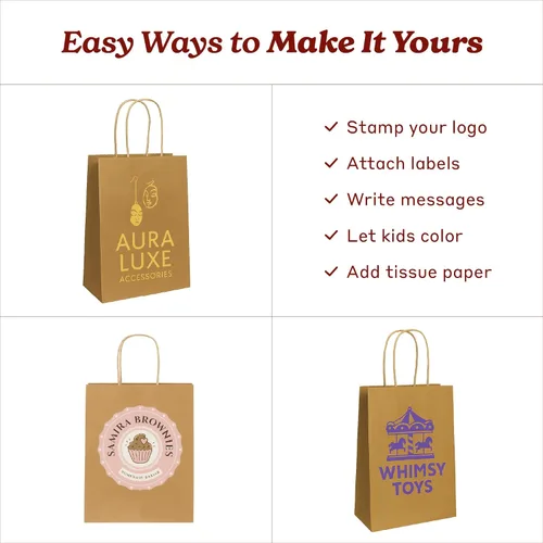 Miniatura 5 de PTP - 250 bolsas de mano para regalo, de papel, Kraft Perfectas para cumpleaños, bodas, vacaciones y toda ocasión Colores blanco o natural