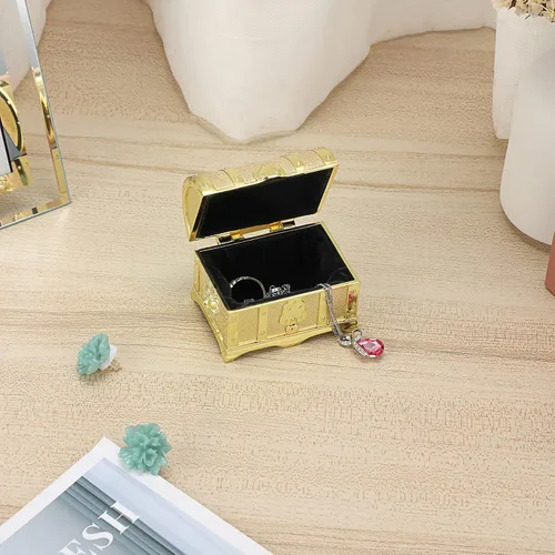 Miniatura 4 de Hipiwe Joyero de metal vintage con diseño de cofre del tesoro, aretes de anillo pequeño, collar de recuerdo para niñas, mujeres y mujeres, dorado
