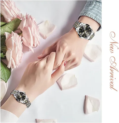 Miniatura 14 de OLEVS Reloj para parejas para él y ella, reloj analógico de cuarzo para hombres y mujeres, de acero inoxidable, impermeable, luminoso, fecha, reloj