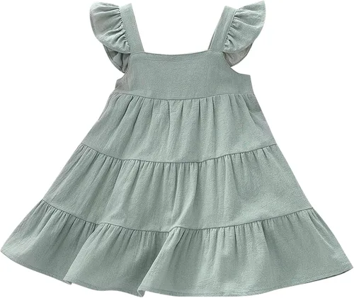 Lethez Vestido de verano para niños pequeños, vestido vintage de lino con volantes, retro, color liso