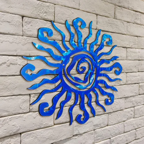 Moxweyeni Arte de pared de metal con sol de 12 pulgadas, decoración al aire libre, loco y grande, decoración de pared de metal, decoración de Azul