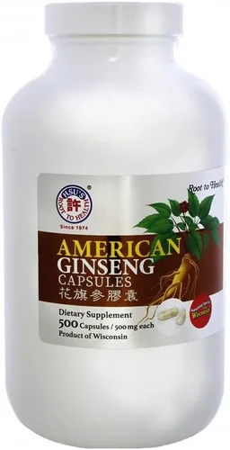 Hsu's Ginseng SKU 1005 | Cápsulas de ginseng americano, 500 unidades | Ginseng americano cultivado del condado de Marathon, Wisconsin, EE. UU. | |