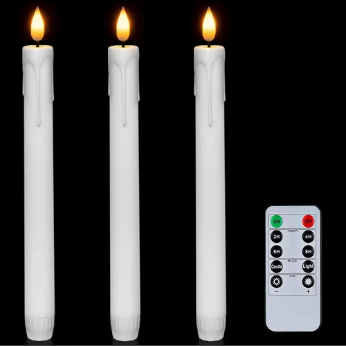 Homemory 3 velas cónicas sin llama con temporizador remoto, velas blancas parpadeantes de 9.6 pulgadas, funciona con pilas, velas LED de plástico