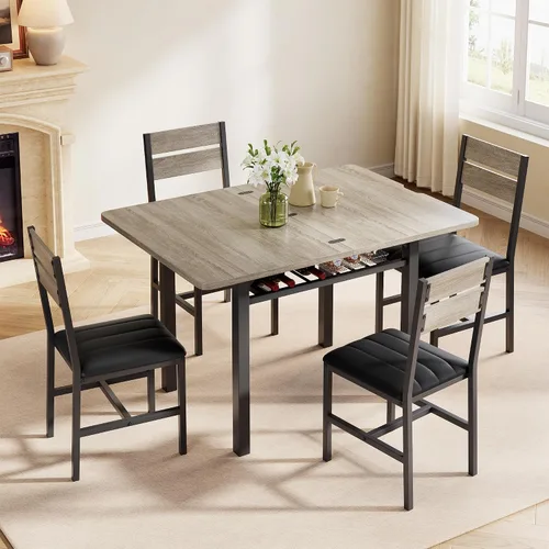 Miniatura 6 de MapleGrace Juego de mesa de comedor para 4, mesa de cocina extensible con 4 sillas de comedor tapizadas de piel sintética, juego de mesa de cocina