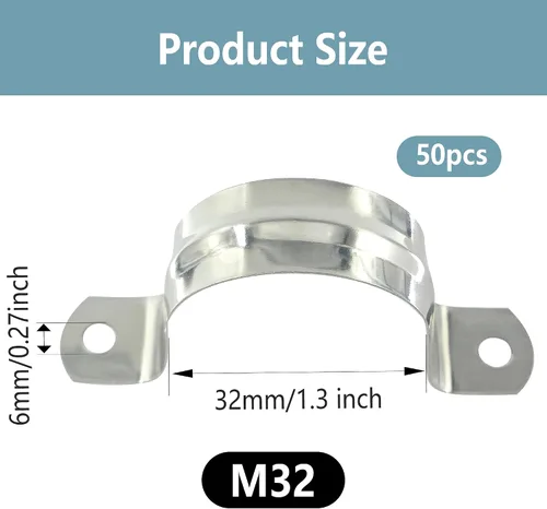 Miniatura 2 de 50PCS 1.3 pulgadas de correa de tubo rígida, acero inoxidable 2 agujeros abrazadera de cable, soporte de sujeción de tubo en forma de U
