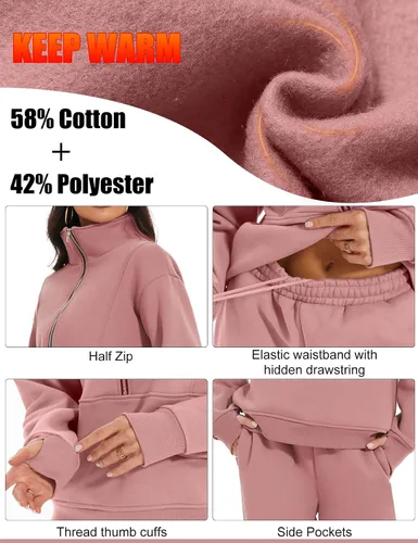 Miniatura 4 de PEHMEA Conjunto deportivo de 2 piezas de otoño para mujer, con forro polar, holgado, manga larga, media cremallera, cómodo conjunto de descanso