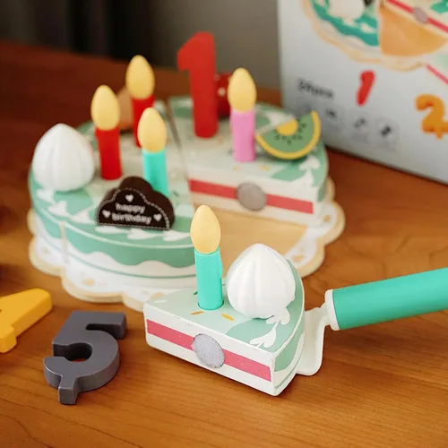 Miniatura 3 de Juego de comida de madera para jugar a pastel de cumpleaños, juego de fiesta de té para niños pequeños, juegos de accesorios de cocina Montessori
