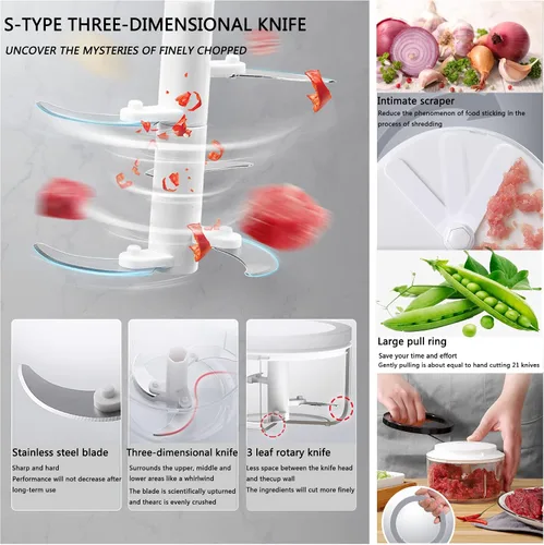 Miniatura 3 de Procesador manual de alimentos, picador de verduras, picador de cebolla de 33.8 fl oz, picador de ajo, picador de ajo, batidora y licuadora