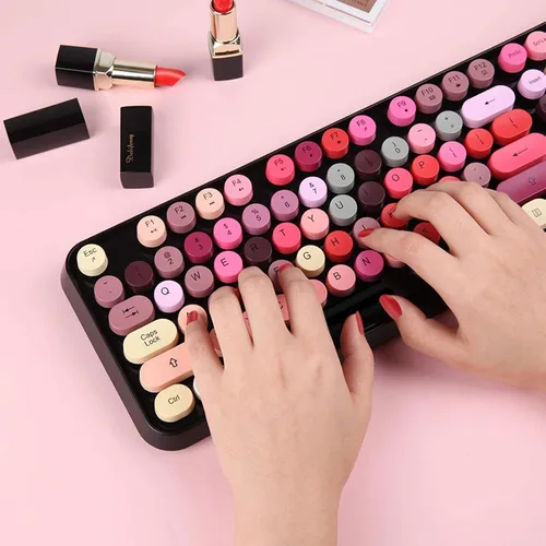 Miniatura 2 de Teclado y Ratón Inalámbricos Lindo Teclado y Ratón Coloridos con Teclado de Máquina de Escribir Retro Inalámbrico de 2.4GHz Suspensión