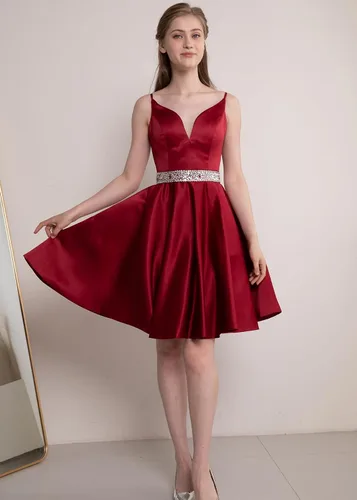 Miniatura 3 de Vestidos cortos de satén para baile de graduación, con tirantes delgados, vestidos de regreso a casa, cuello en V, con cuentas, vestidos de fiesta